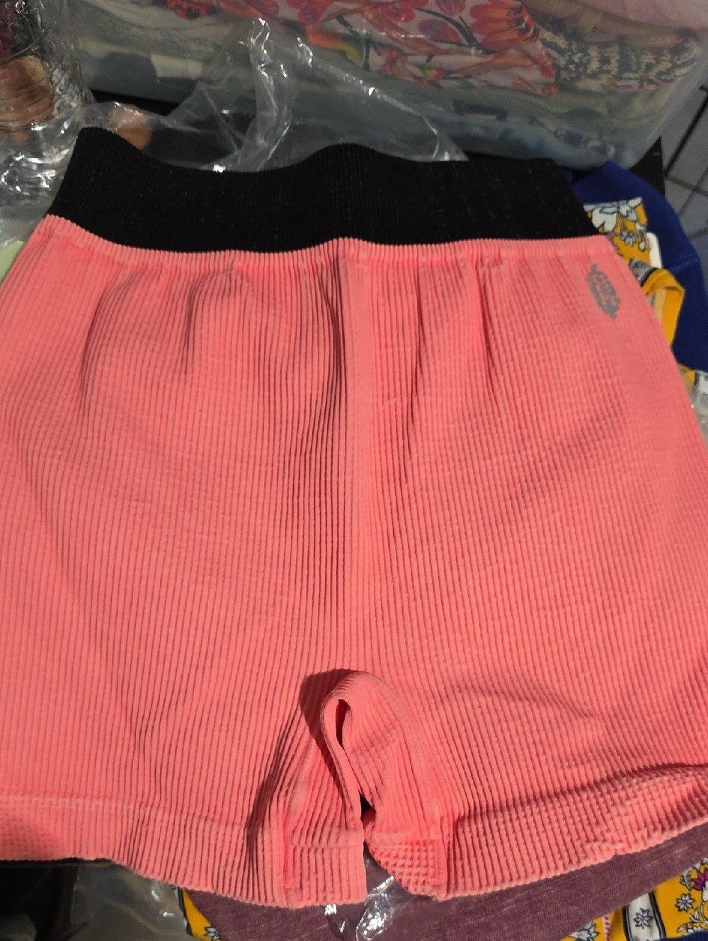 Ribbed Coral Shorts with Black Waistband